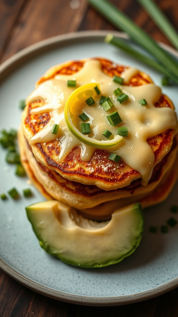 Savory Cheddar and Chive Pancakes stacked and garnished on a plate