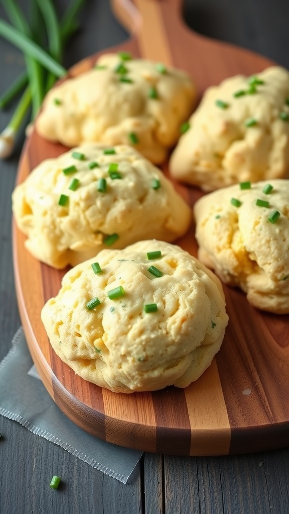 Savory cheddar and chive scones on a wooden board