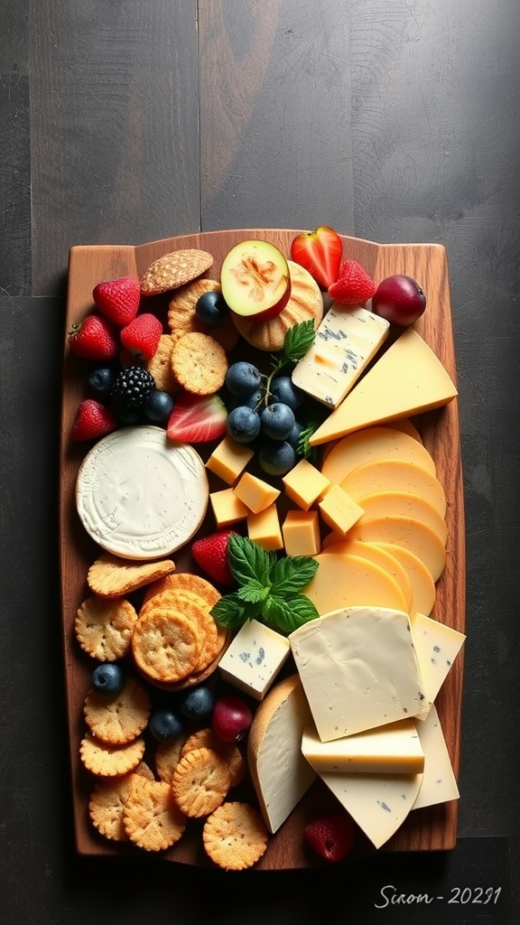 A beautifully arranged savory cheese platter with various cheeses, crackers, and fresh fruits.