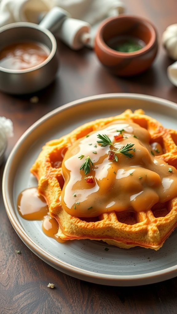 Savory cornbread waffles topped with sauce and herbs