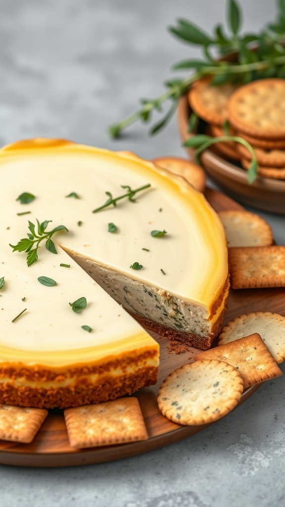 Savory Herb Keto Cheesecake on a wooden platter with crackers