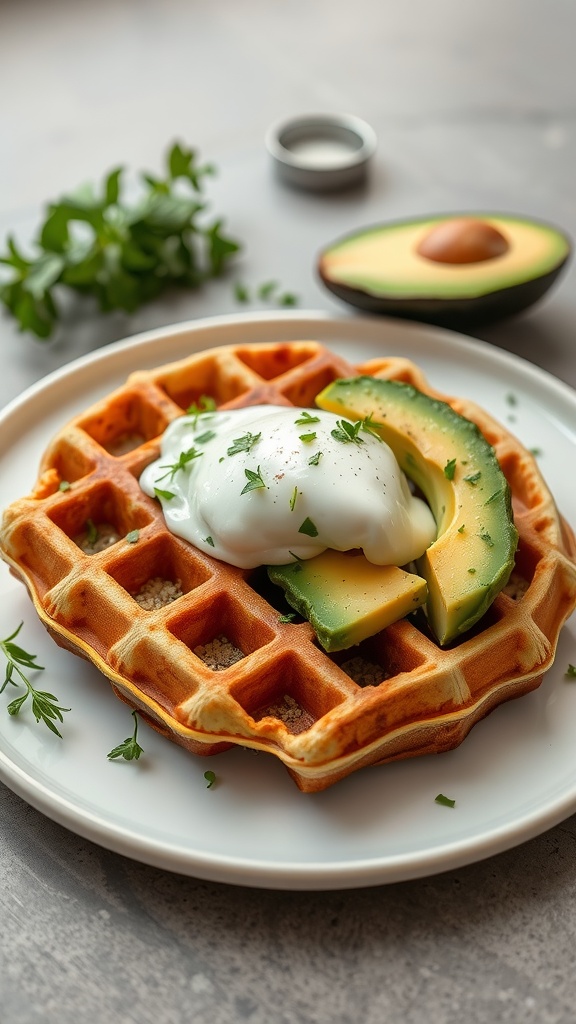 A plate of savory herb waffles topped with poached egg and avocado slices.