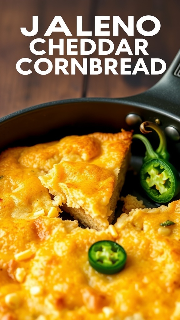 Savory jalapeño cheddar cornbread baked in a dish, with slices cut out and jalapeño slices on top.