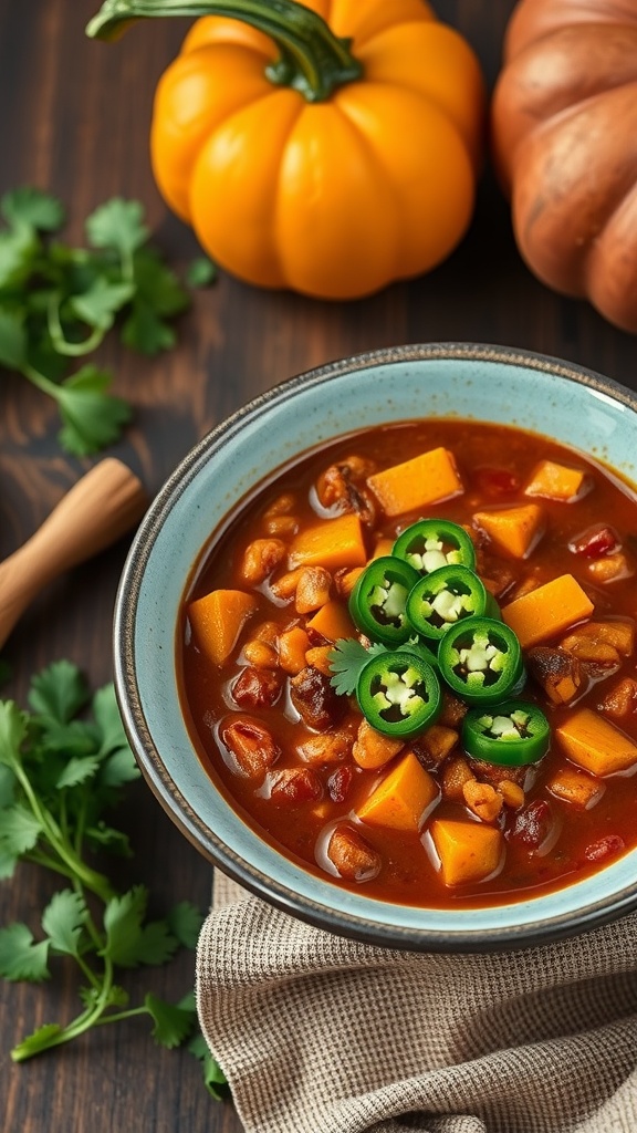 A bowl of hearty pumpkin chili topped with slices of jalapeño and fresh cilantro.