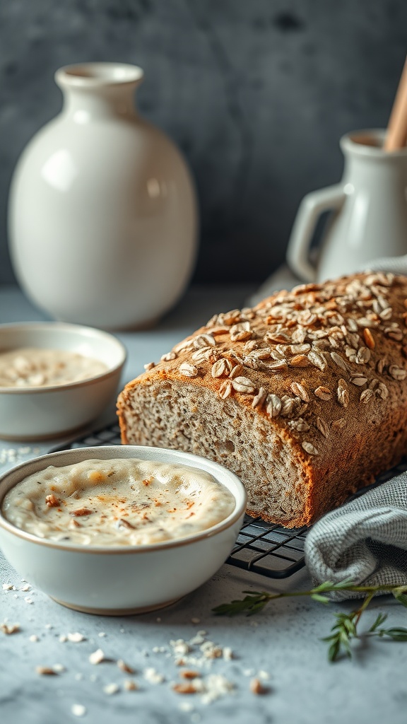 A loaf of savory oatmeal bread resting on a cooling rack next to bowls of creamy soup.