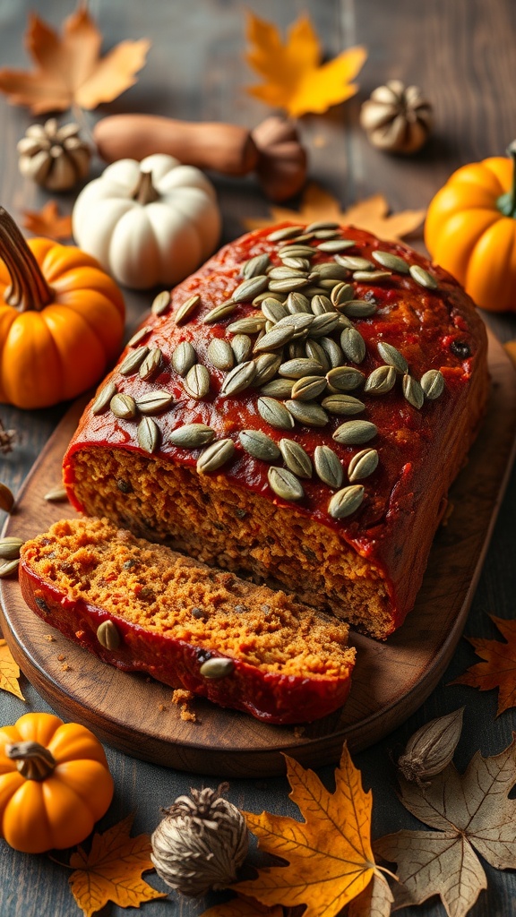 Savory pumpkin meatloaf garnished with pumpkin seeds on a wooden platter
