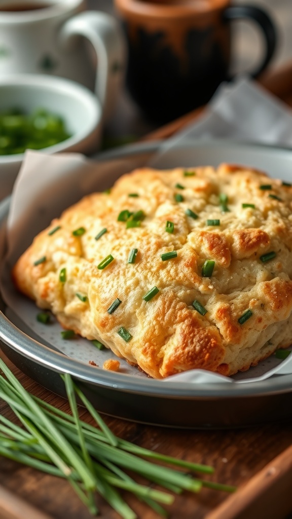 Savory scone with cheese and chives on a plate, garnished with fresh chives.