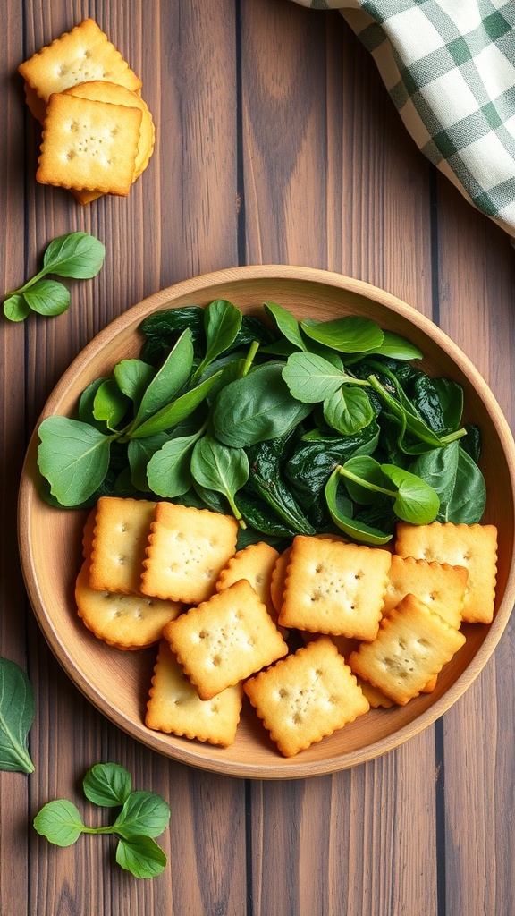A wooden bowl filled with savory spinach and cheese crackers alongside fresh spinach leaves.