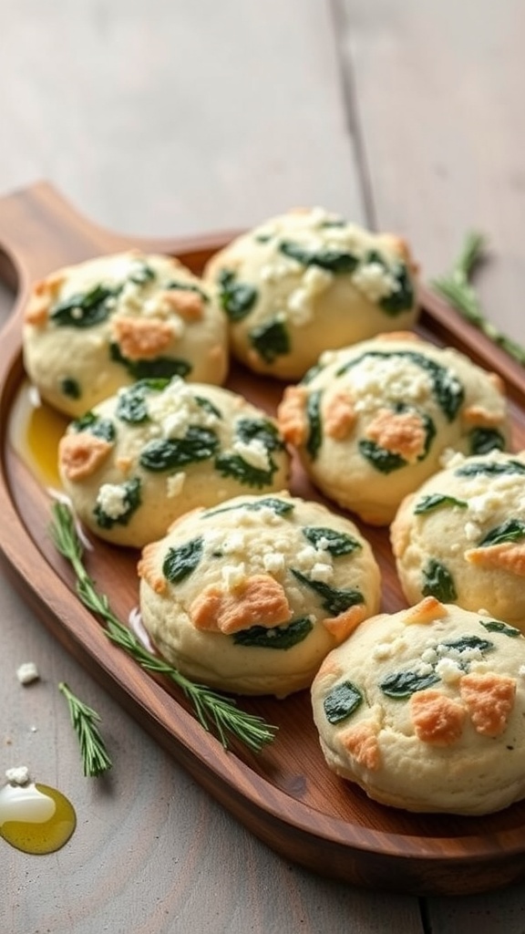Baked spinach and feta biscuits on a wooden platter