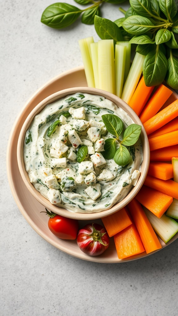 A bowl of creamy spinach and feta dip surrounded by fresh vegetables.
