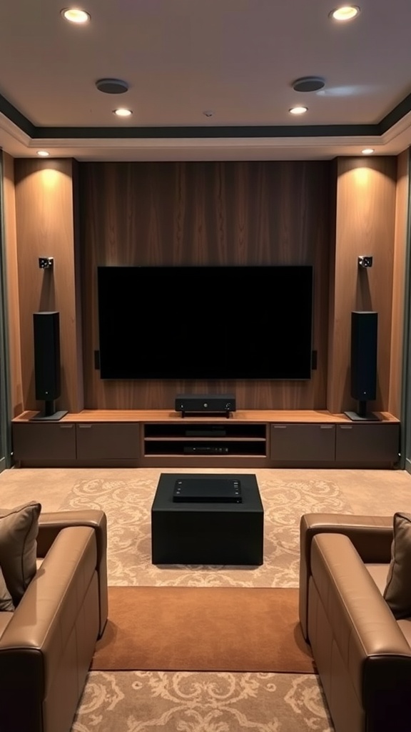 Stylish home theater with a large TV unit and comfortable seating.