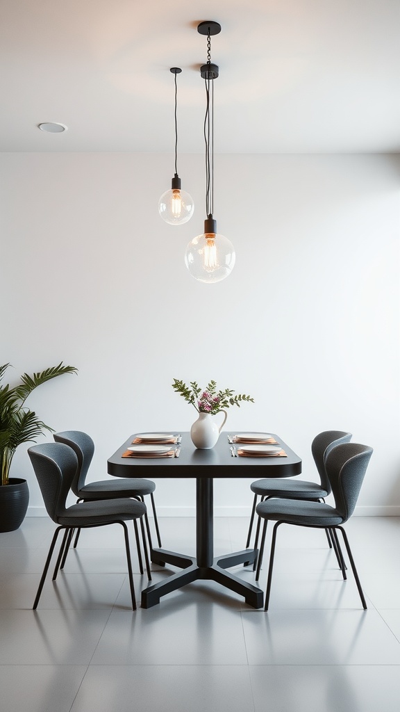 A modern dining area with a black table and pendant lights.