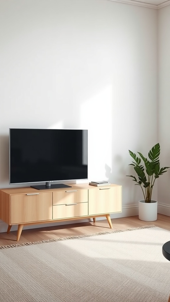 A minimalist Scandinavian TV unit with a television, light wood finish, and a potted plant in a cozy interior.