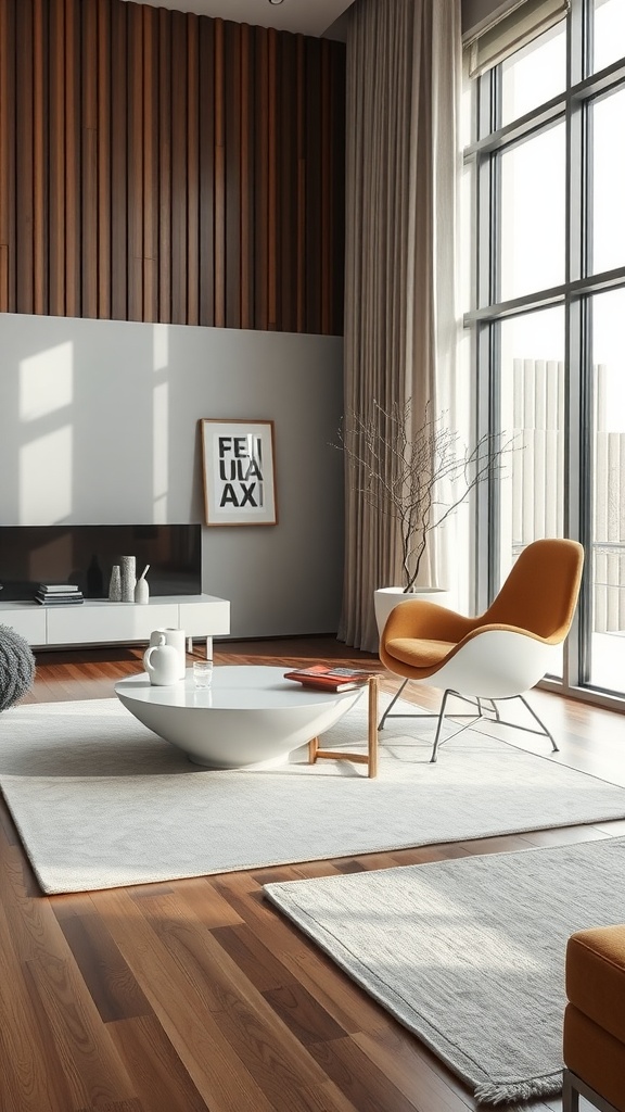 A modern living room featuring sculptural furniture, large windows, and wooden accents.