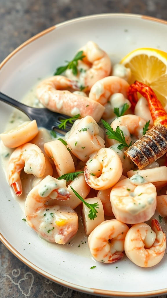 A delicious plate of seafood alfredo with shrimp and creamy sauce.