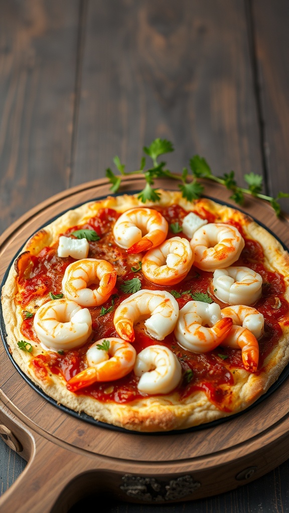 A delicious seafood medley keto pizza topped with shrimp and scallops on a golden crust.