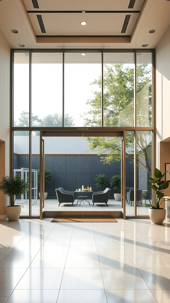 Modern lobby with large glass windows leading to an outdoor seating area.