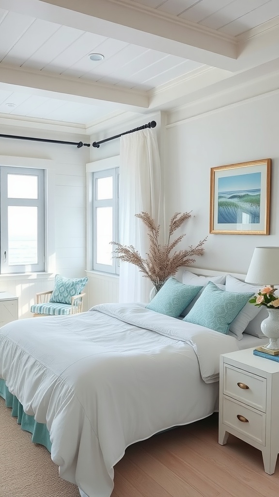 Bright beach house bedroom with light colors and ocean-inspired decor.