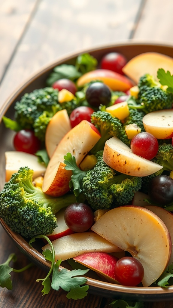 A colorful bowl of broccoli salad featuring fresh fruits and vegetables.