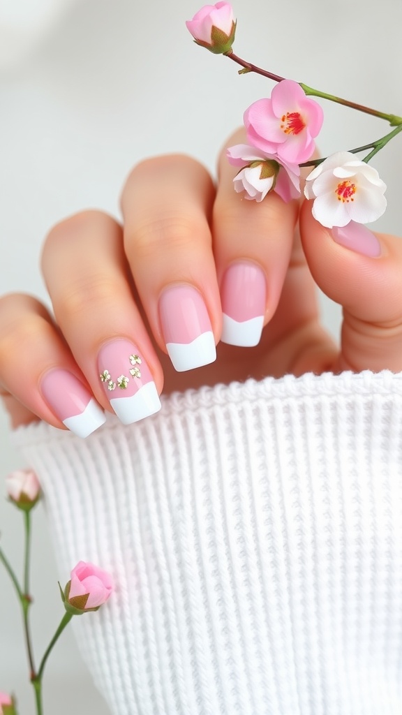 Close-up of hands with baby pink French tip nails and delicate flowers.