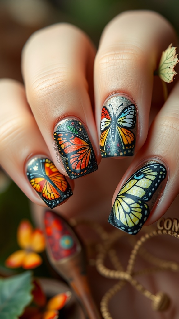 Colorful butterfly nail art with intricate designs.