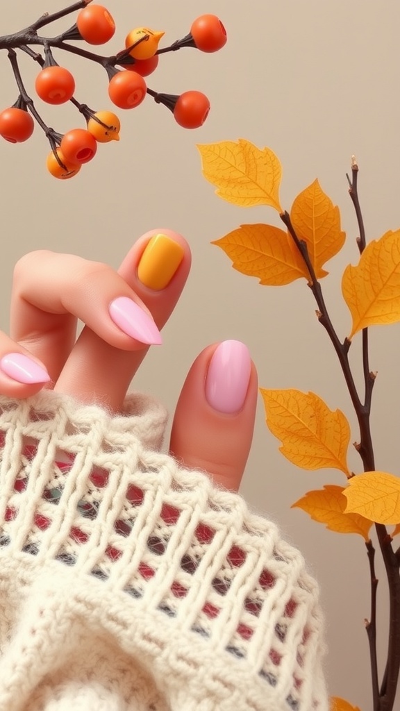 A close-up of oval nails painted in soft pink, yellow, and surrounded by autumn leaves and berries.