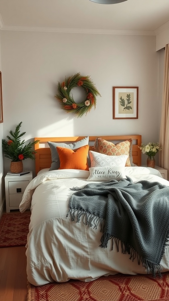 Cozy small bedroom with seasonal decor including a wreath and colorful pillows.