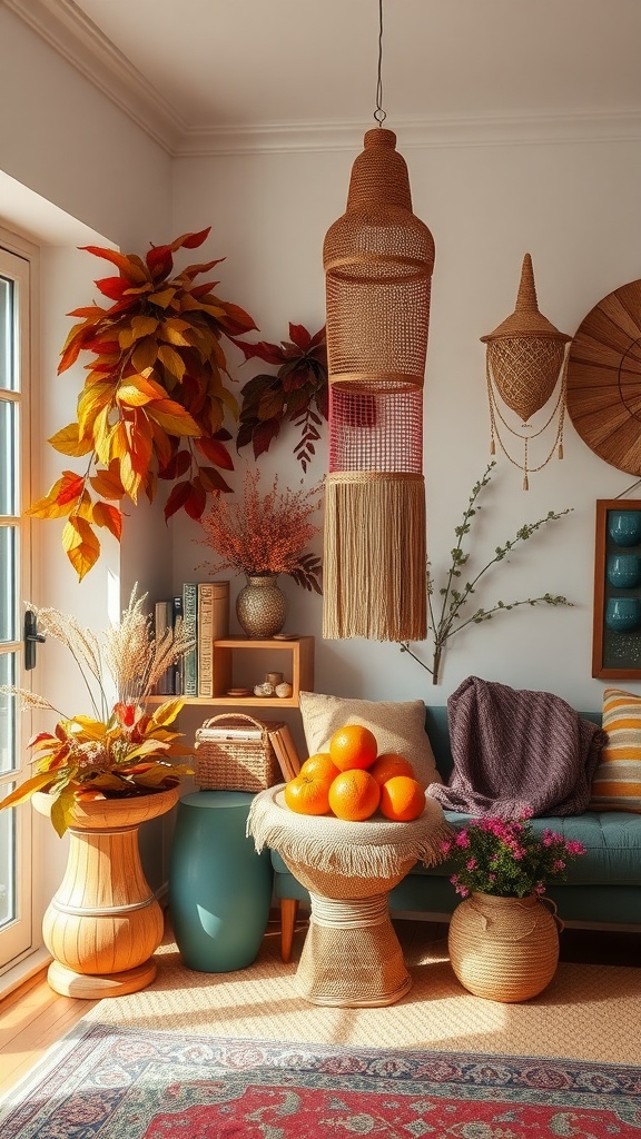 A cozy boho interior with autumn decor, featuring warm colors, plants, and seasonal fruits.