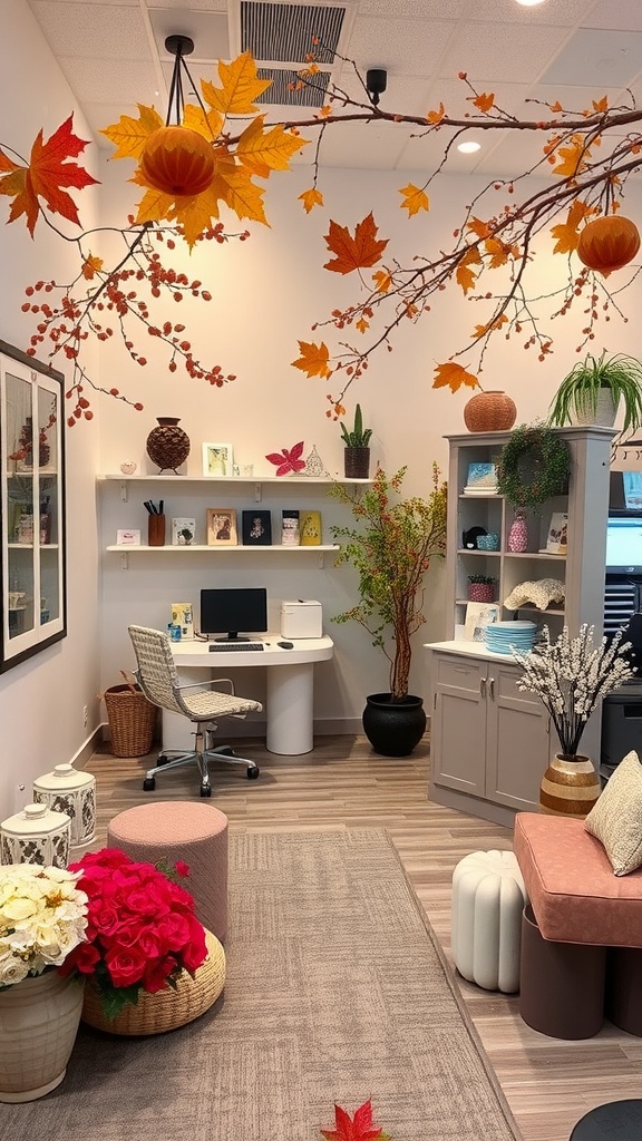 Nail salon interior featuring autumn decor with leaves and pumpkins.