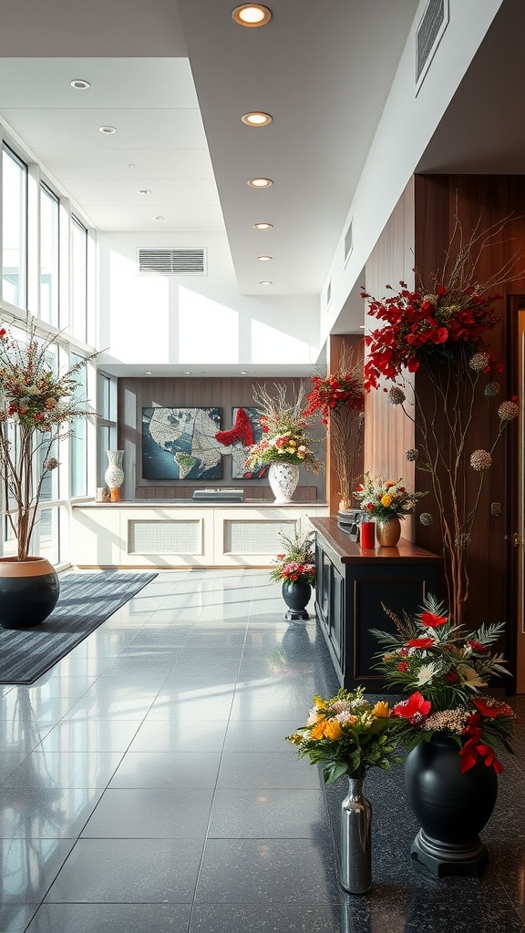 A bright and inviting lobby with seasonal floral arrangements and a modern design.