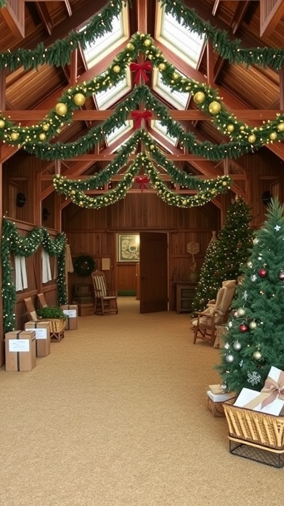 Interior of a barndominium decorated for the winter season with garlands, lights, and a Christmas tree.
