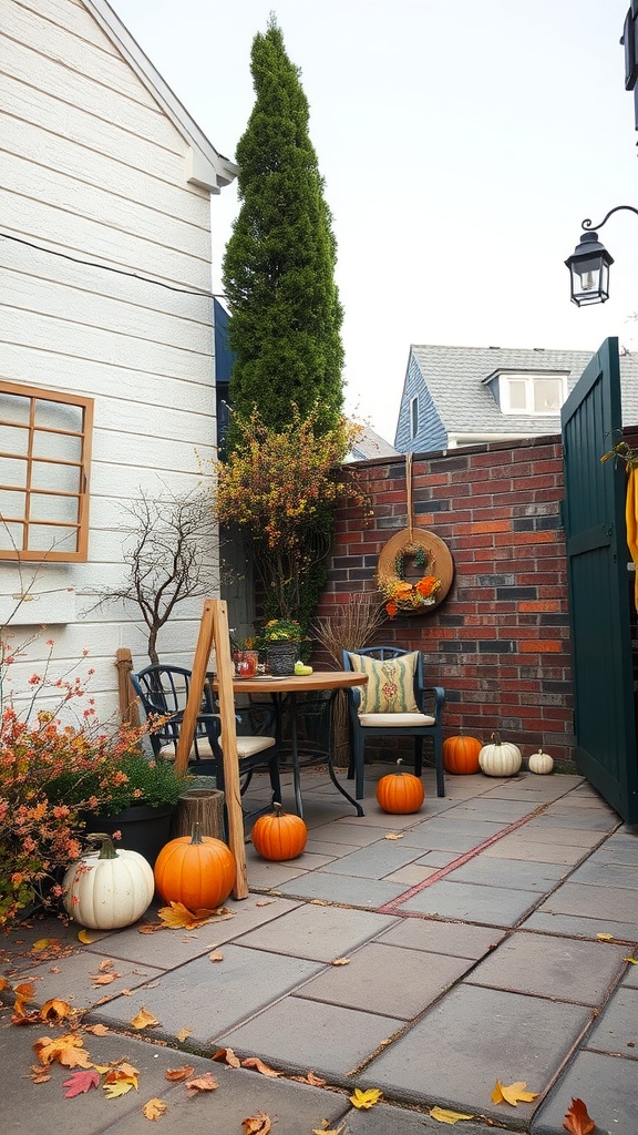 Small patio decorated with pumpkins and plants for fall