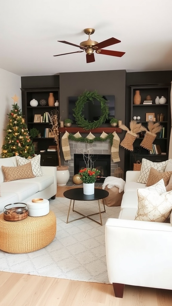 A cozy living room decorated for the holidays with a Christmas tree, wreath, and warm accents.