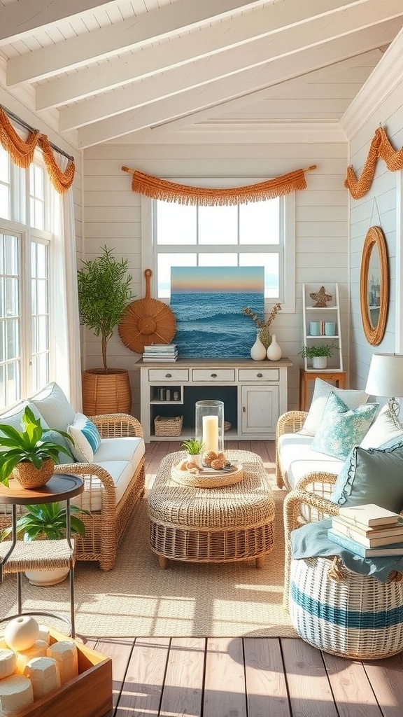 A bright and airy beach house interior with natural light, cozy furniture, and ocean-themed decor.