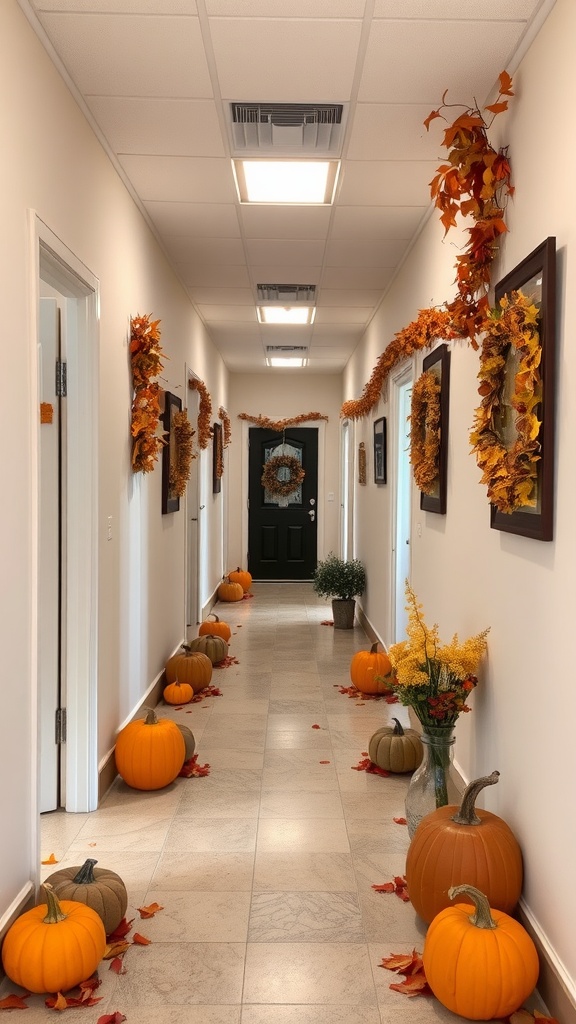 Hallway decorated for fall with pumpkins and autumn leaves