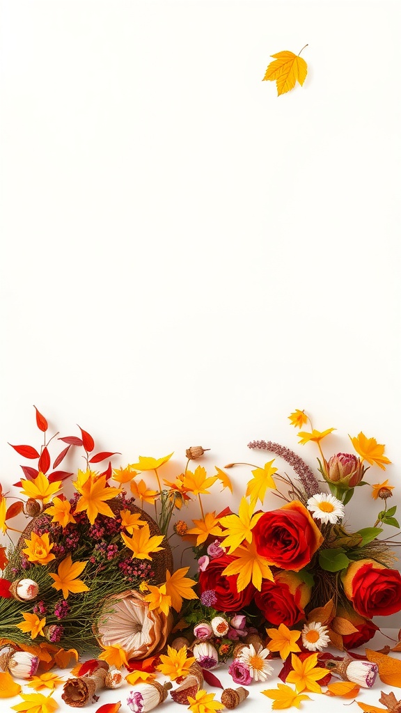 Colorful autumn leaves and flowers arranged artistically.