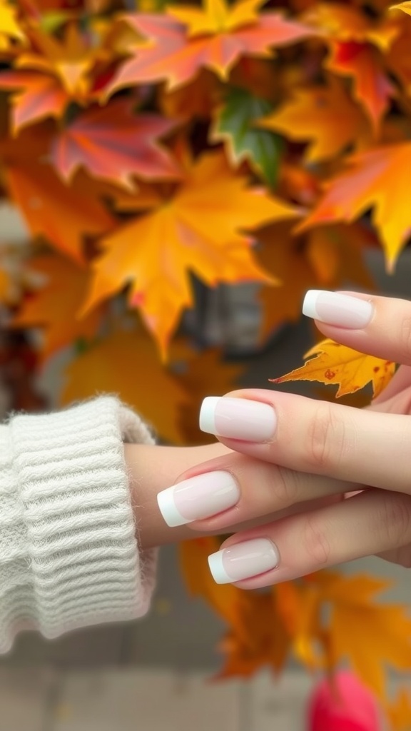 White French tip nails against a backdrop of autumn leaves