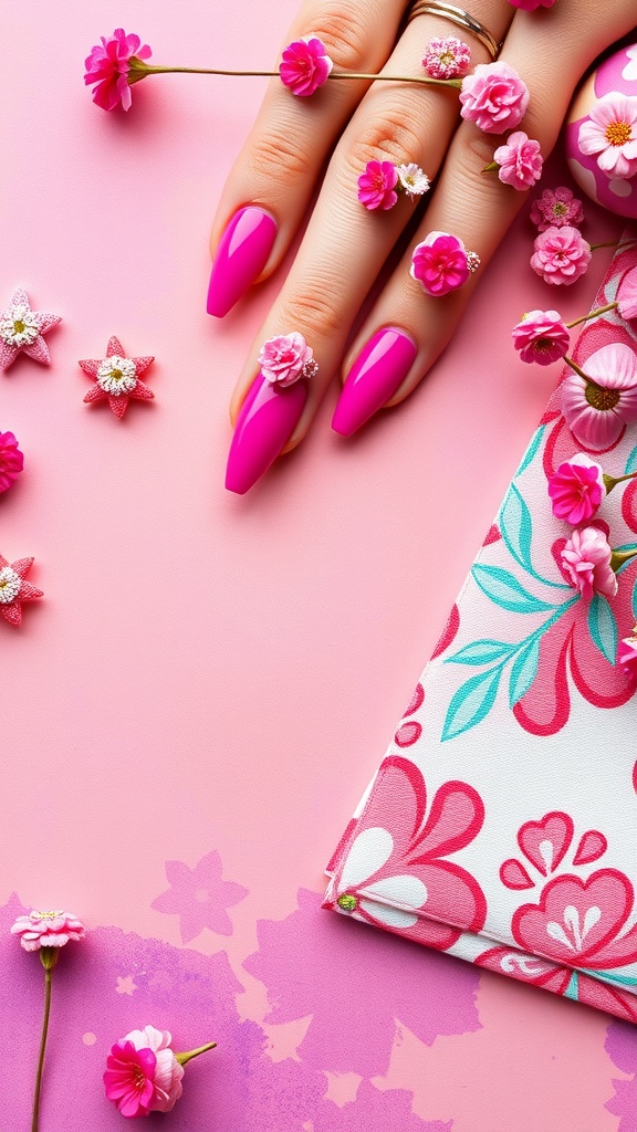 Close-up of manicured hot pink nails adorned with small flowers and set against a pink background.