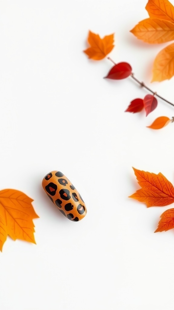Leopard print nail design with autumn leaves