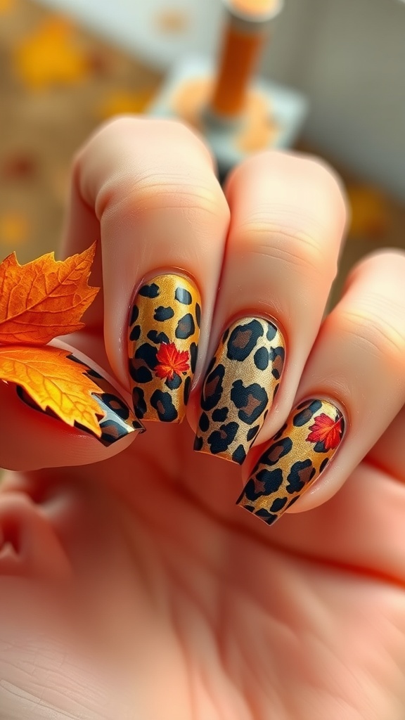 Close-up of leopard print nails with autumn leaves.
