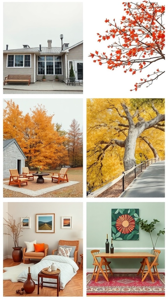 A moodboard showcasing autumn-inspired interiors with warm colors and natural elements.