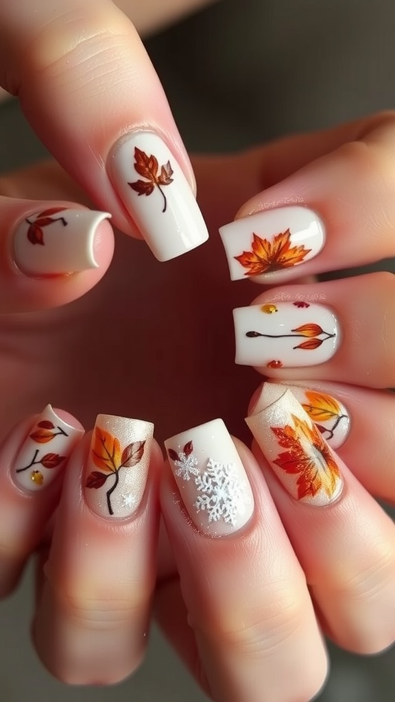 Short square nails with autumn leaves and winter snowflakes
