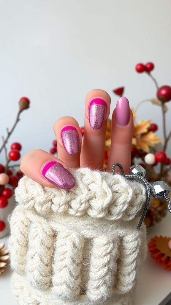 A hand with pink chrome nails resting on a knitted cup, surrounded by seasonal decorations.