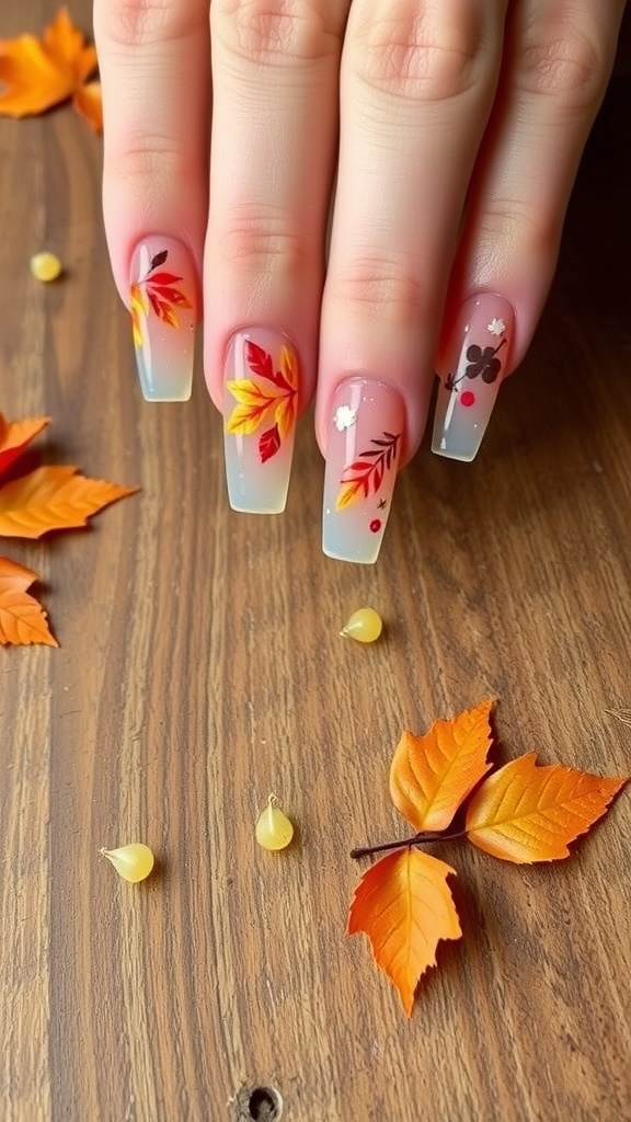 Square acrylic nails featuring autumn leaf designs on a wooden surface.