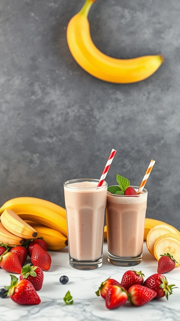Two glasses of strawberry banana smoothie with bananas and strawberries in the background.