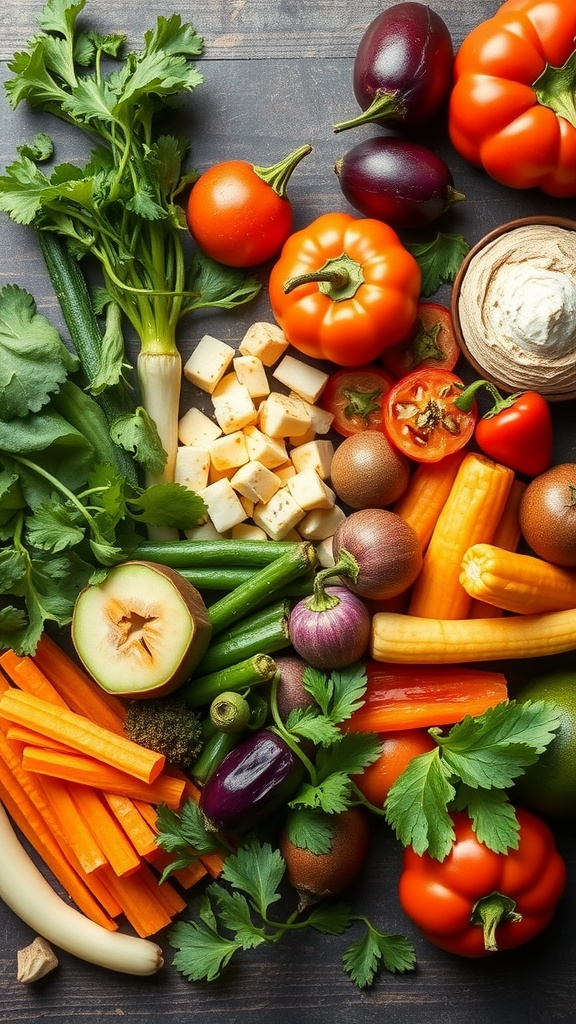 An arrangement of fresh seasonal vegetables including bell peppers, carrots, and herbs