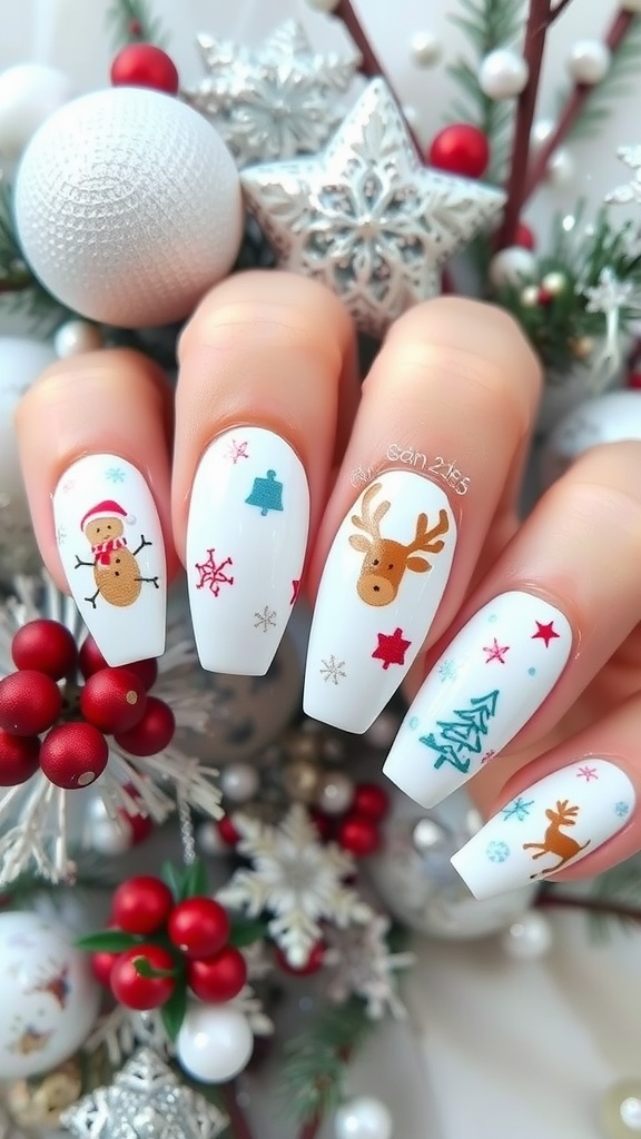 White chrome nails with festive designs including reindeer and snowflakes.