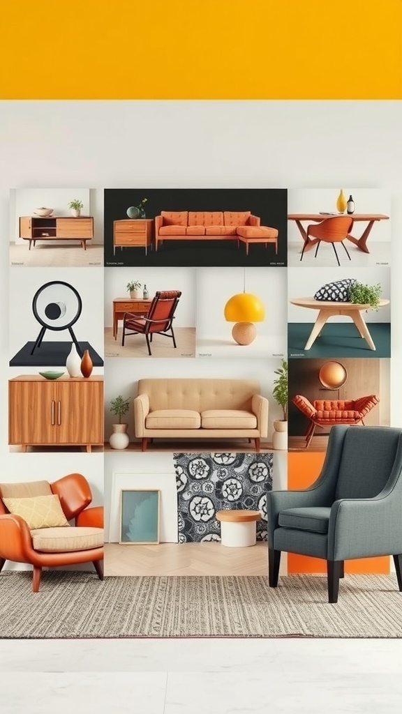 A moodboard displaying various furniture pieces and styles for interior design inspiration.
