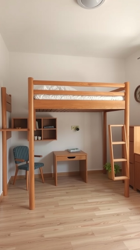 A small bedroom featuring a lofted bed, wooden furniture, and a cozy seating area.