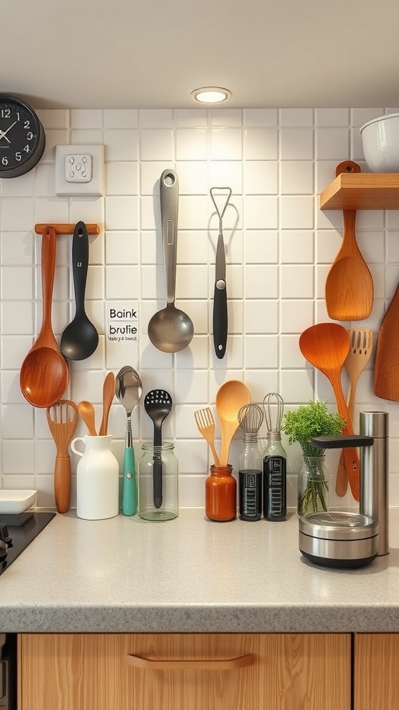 A collection of kitchen utensils and tools organized on a wall, showcasing space-saving solutions.
